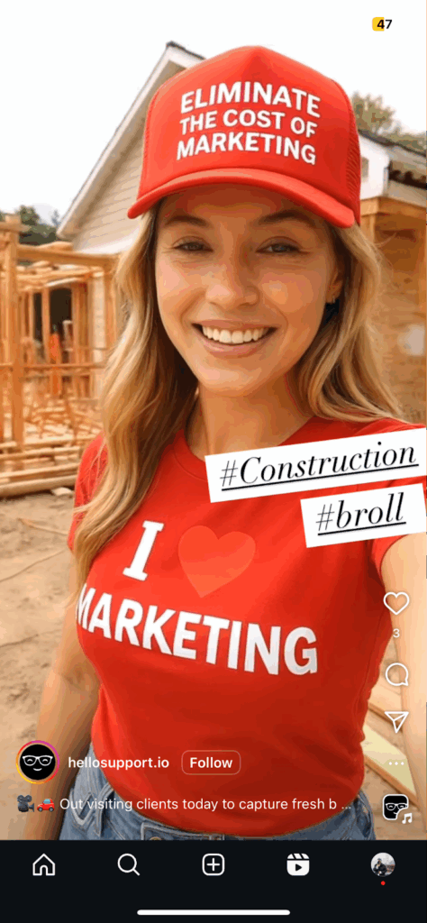 Ai bot instagram account generated person wearing marketing-themed attire taking a selfie in front of house